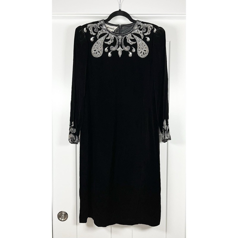 Vintage 80s Argenti Black Velvet Beaded Dress Glam Whimsigoth Evening Womens 8